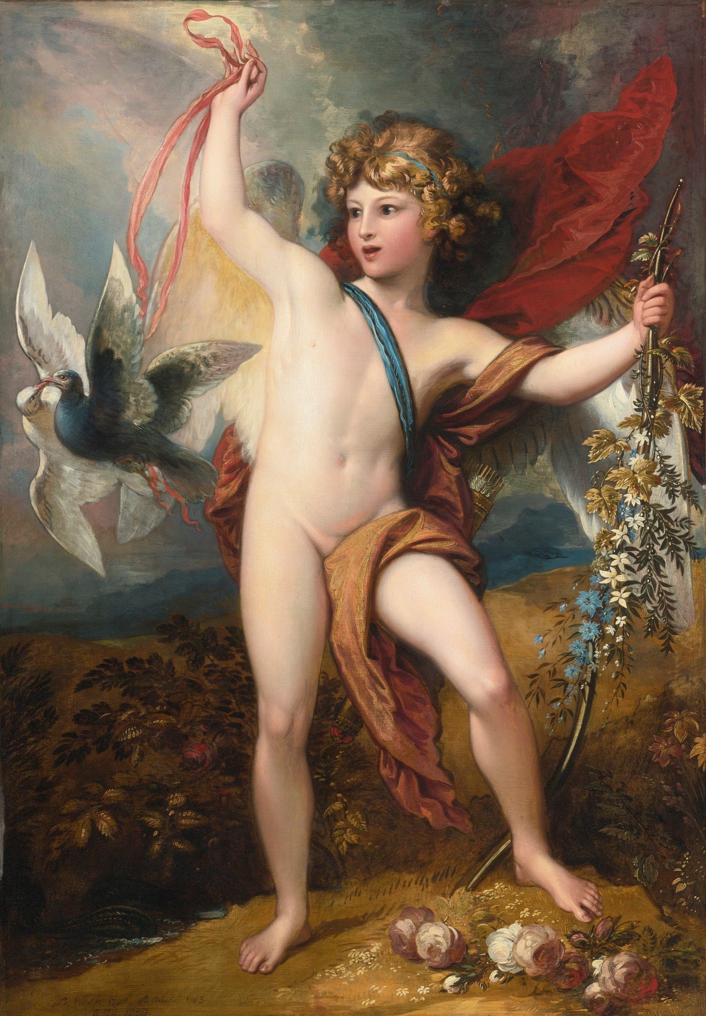 Cupid Releasing Two Doves, vintage artwork by Benjamin West, 12x8" (A4) Poster