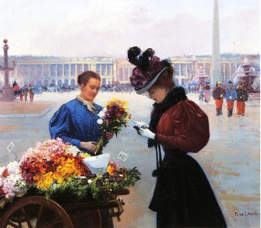 Flower Merchant, Place de la Concorde, Paris, vintage artwork by Fernand de Launay, A3 (16x12") Poster Print