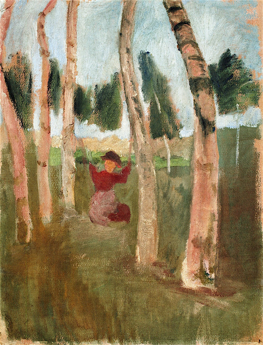 Birch Trunks with Swinging Child, vintage artwork by Paula Modersohn-Becker, 12x8" (A4) Poster