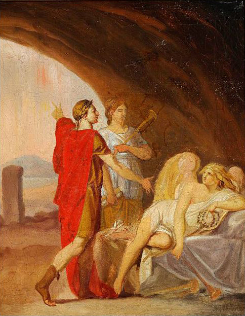 The Prince Royal Frederik awakens the sleeping Fama with the help of Clio, vintage artwork by Nicolai Abraham Abildgaard, 12x8" (A4) Poster