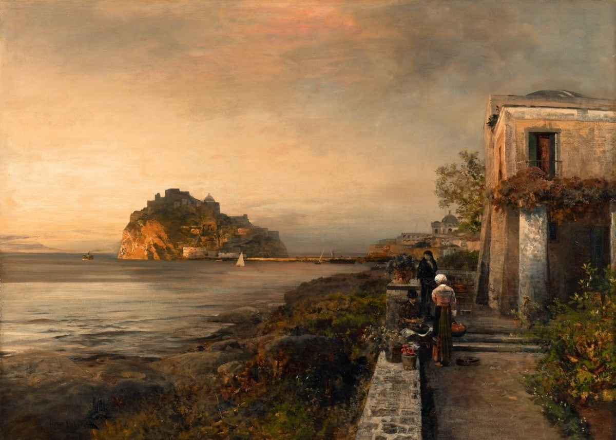 Ischia with View on to the Castello Aragonese, vintage artwork by Oswald Achenbach, 12x8" (A4) Poster