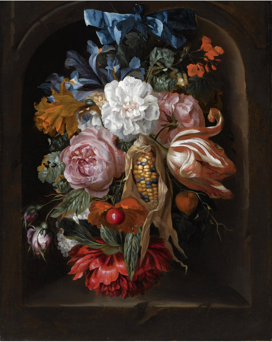 A Still Life of a Corncob, Roses, a Parrot Tulip, Irises, etc., vintage artwork by Ernst Stuven, 12x8" (A4) Poster