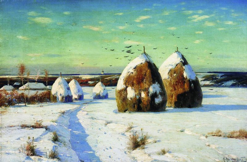 Winter Landscape with Haystacks by Konstantin Kryzhitsky,A3(16x12")Poster