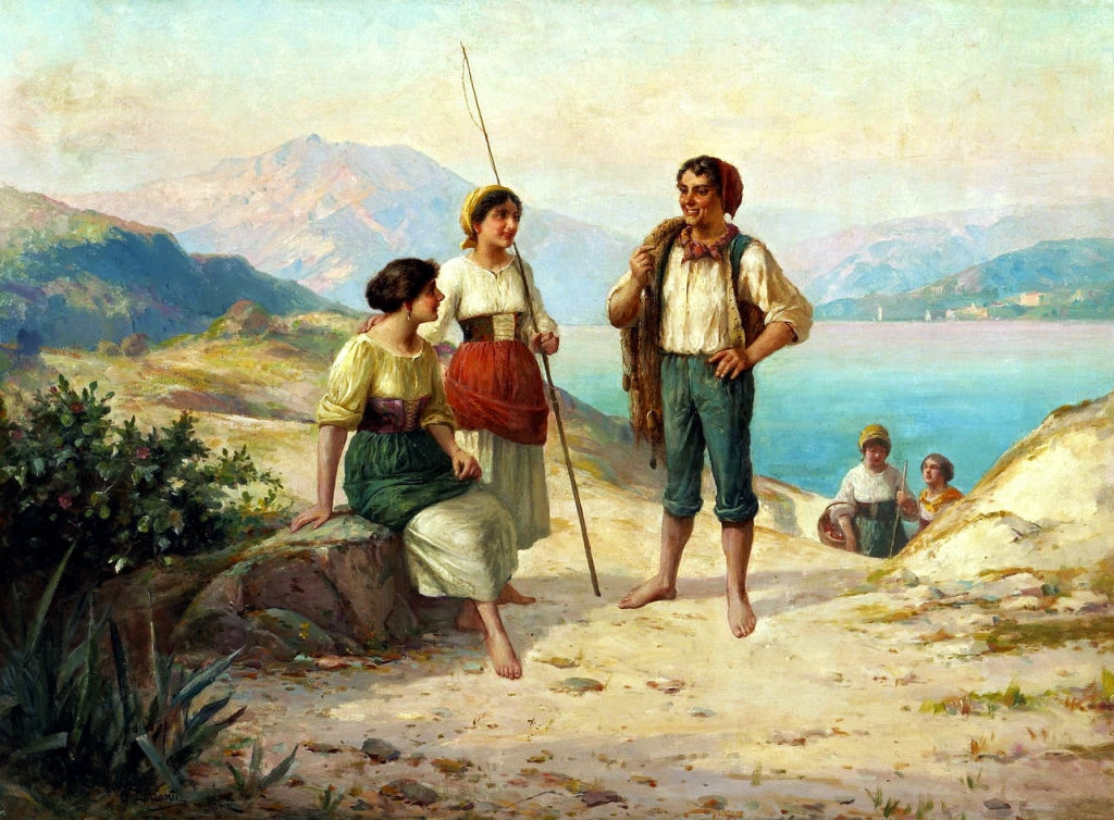 Fisherfolk on a track, vintage artwork by Carlo Ferranti, 12x8" (A4) Poster