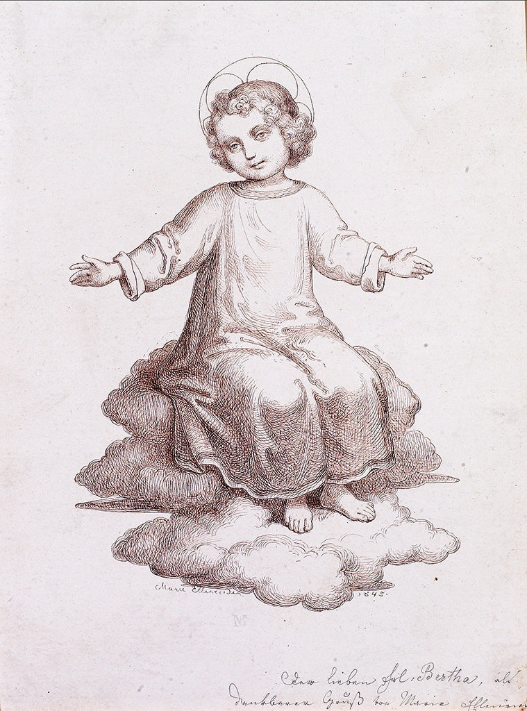 Jesus child sitting on clouds, vintage artwork by Marie Ellenrieder, 12x8" (A4) Poster