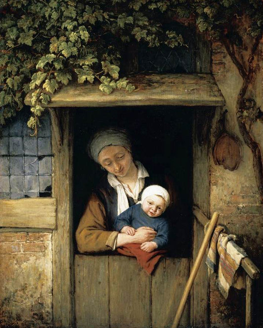 Mother Holding Her Child in a Doorway, vintage artwork by Adriaen van Ostade, 12x8" (A4) Poster