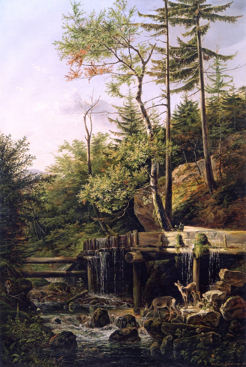 Deer at a Forest Brook, vintage artwork by Friedrich Gauermann, A3 (16x12") Poster Print