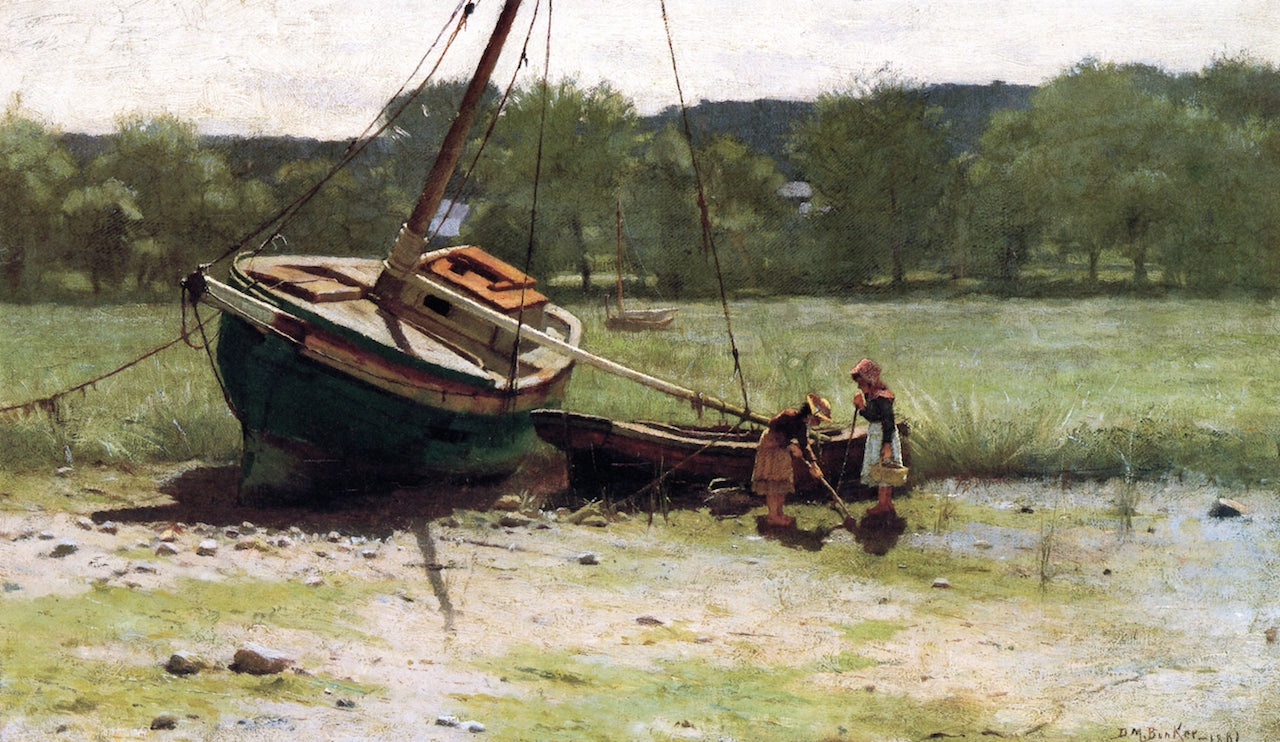 Salt Marsh Landscape with Two Children near a Beached Sailboat and Dory, vintage artwork by Dennis Miller Bunker, 12x8" (A4) Poster