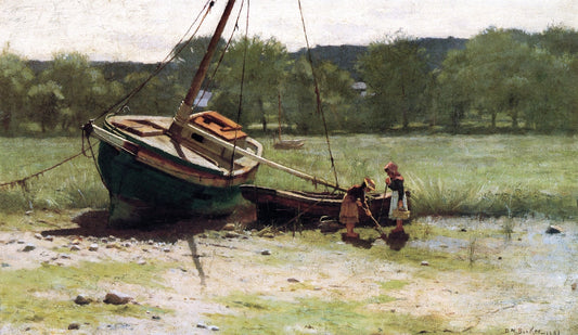 Salt Marsh Landscape with Two Children near a Beached Sailboat and Dory, vintage artwork by Dennis Miller Bunker, 12x8" (A4) Poster