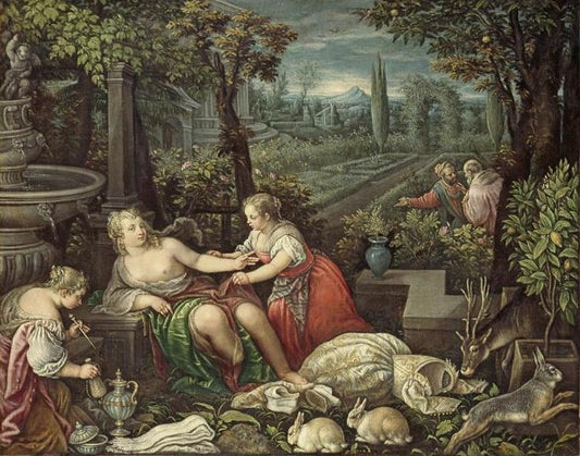 Susanna at her Bath, vintage artwork by Leandro Bassano, 12x8" (A4) Poster