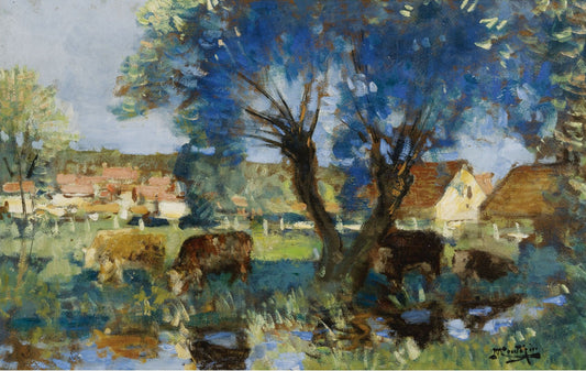 Cows by  the Water, vintage artwork by Pierre-Eugène Montezin, 12x8" (A4) Poster