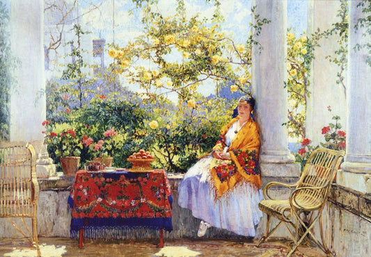 The Artist’s Wife on the Veranda by Konstantin Gorbatov,16x12(A3) Poster
