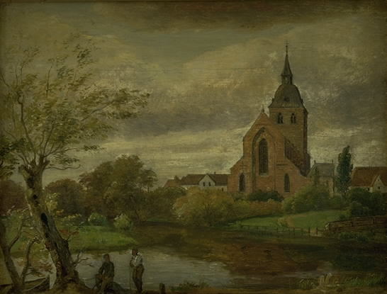 St Knud's Church by  the River in Odense, Autumn, vintage artwork by Dankvart Dreyer, A3 (16x12") Poster Print