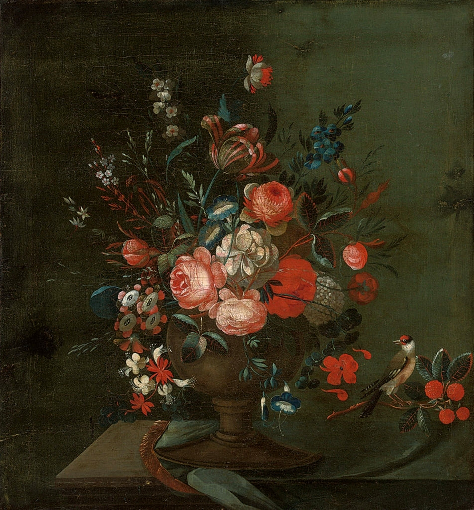 Roses, chrysanthemums, convolvulus, a parrot tulip and other flowers in an urn, vintage artwork by Johann Amandus Winck, 12x8" (A4) Poster
