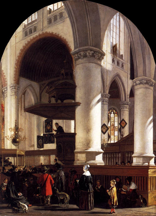 Interior of the Oude Kerk at Delft during a Sermon, vintage artwork by Emanuel de Witte, 12x8" (A4) Poster