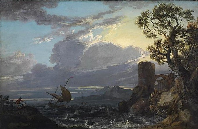 Stormy Sea with Castle Ruin and Figures, vintage artwork by Paul Sandby , R.A., 12x8" (A4) Poster