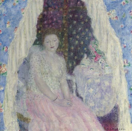 Blue Curtains (Study), vintage artwork by Frederick Carl Frieseke, 12x8" (A4) Poster