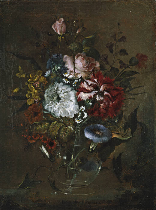 Glass vase with roses and snowdrops, vintage artwork by Juan Bautista Romero, 12x8" (A4) Poster