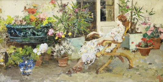 The Artist's Wife Sitting on Their Terrace in Posillipo, vintage artwork by Vincenzo Irolli, 12x8" (A4) Poster