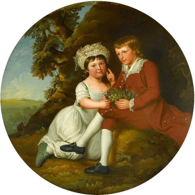 Portrait of a Boy and a Girl with a Basket of Fruit in a Landscape, vintage artwork by Robert Edge Pine, 12x8" (A4) Poster