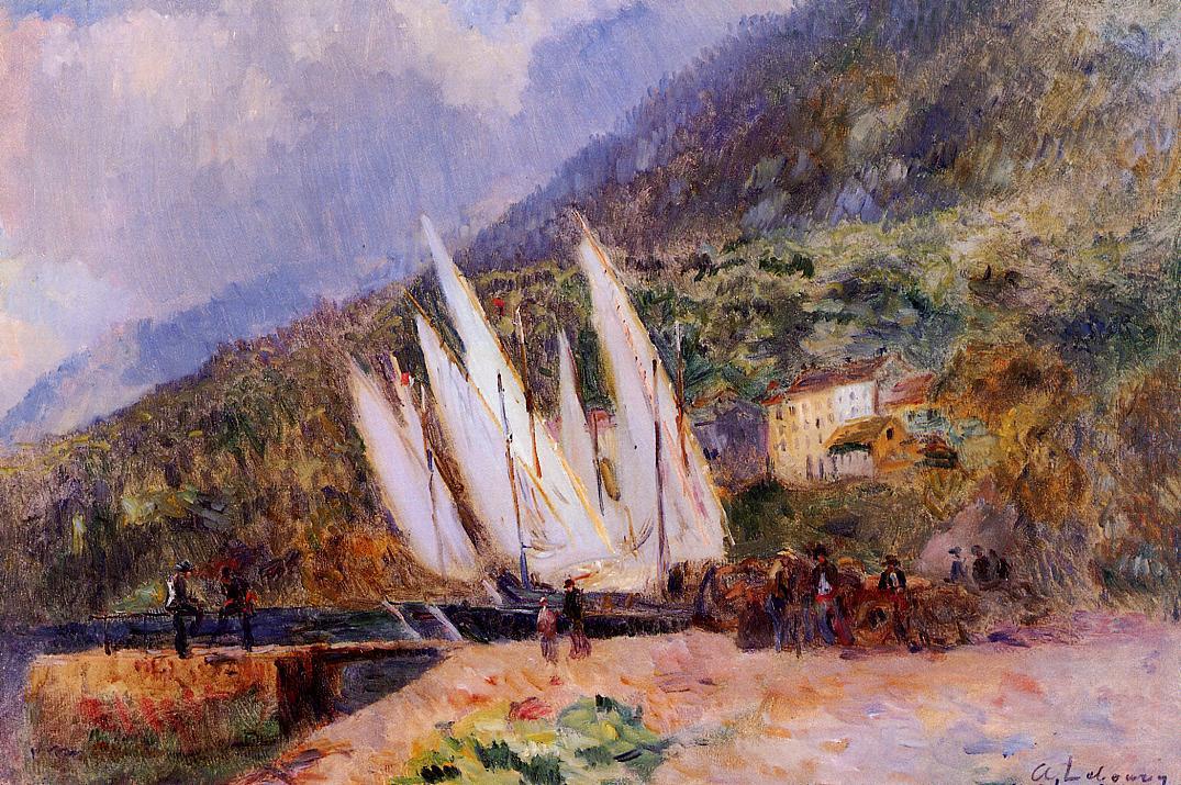Boats Docked at Saint-Gingolph, vintage artwork by Albert Lebourg, 12x8" (A4) Poster