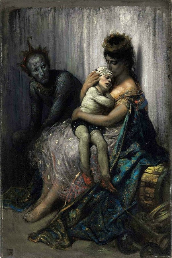 La famille du saltimbanque, l’enfant blesse, vintage artwork by Gustave Dore, 12x8" (A4) Poster