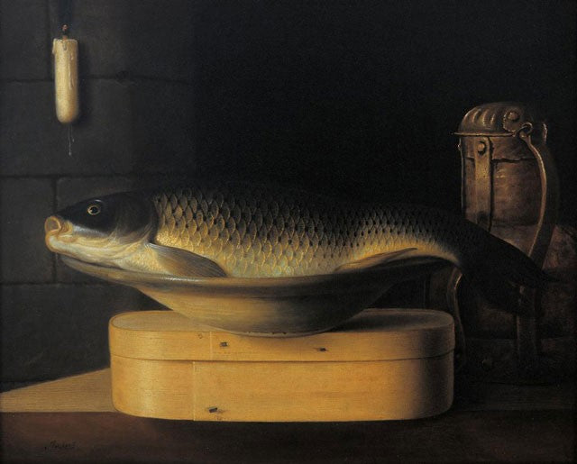 Still Life with Large Carp, vintage artwork by Sebastien Stoskopff, 12x8" (A4) Poster
