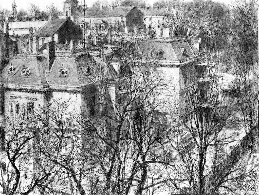 Houses Behind Leafless Trees, vintage artwork by Adolph von Menzel, A3 (16x12") Poster Print