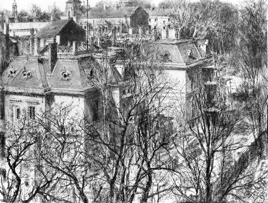 Houses Behind Leafless Trees, vintage artwork by Adolph von Menzel, A3 (16x12") Poster Print