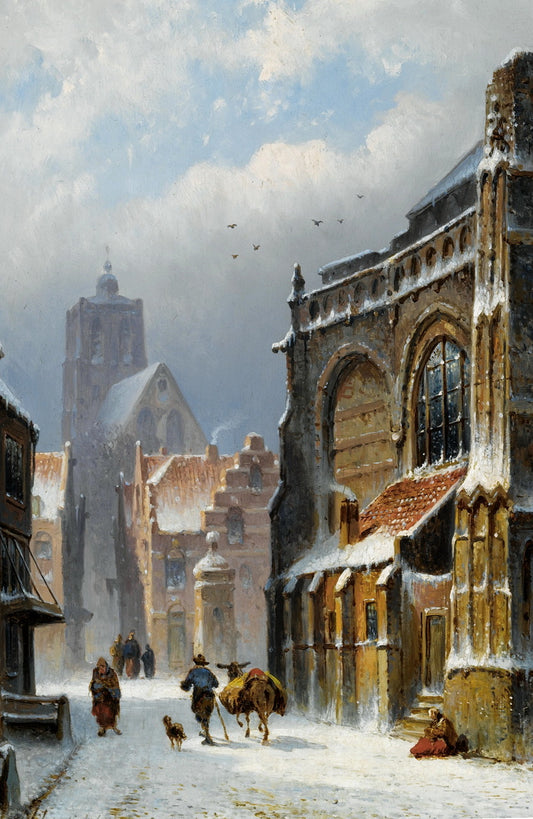 A Snow-Covered Street in Zaltbommel, vintage artwork by Edouard Alexander Hilverdink, 12x8" (A4) Poster