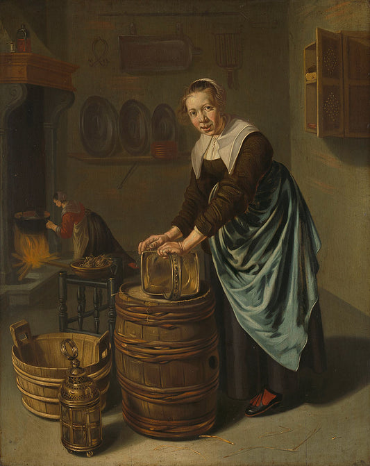 Woman scouring a vessel, vintage artwork by Willem van Odekercken, 12x8" (A4) Poster