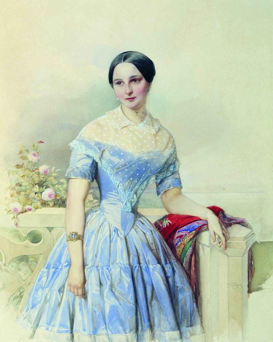Portrait of a Lady in Blue Dress, vintage artwork by Vladimir Hau, A3 (16x12") Poster Print