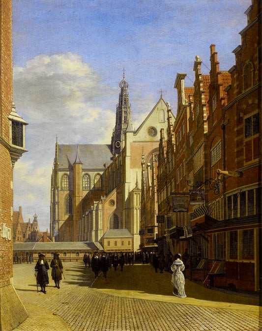 The Grote Markt in Haarlem with the Grote or St. Bavokerk, vintage artwork by Gerrit Adriaensz.Berckheyde, 12x8" (A4) Poster