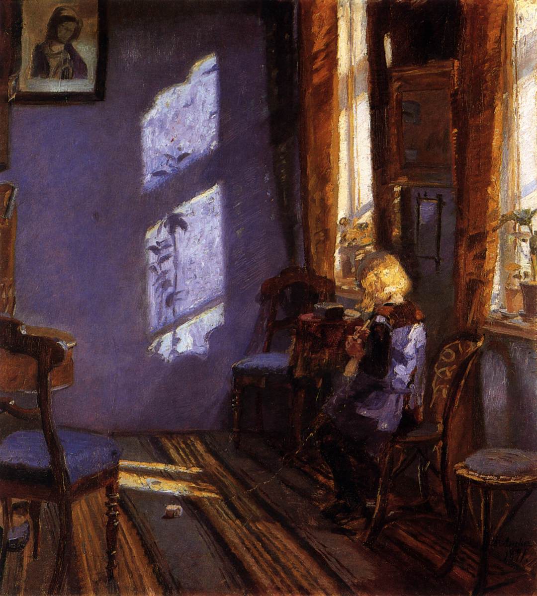 Helga Ancher Knitting in her Grandmother's Room, vintage artwork by Anna Ancher, 12x8" (A4) Poster