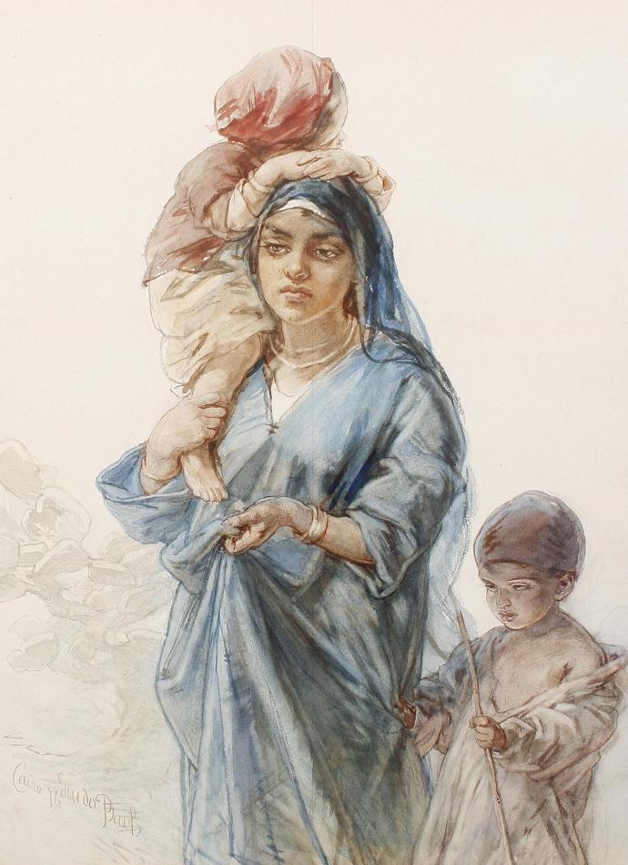 An Egyptian Mother and her Children, vintage artwork by Guido Bach, 12x8" (A4) Poster