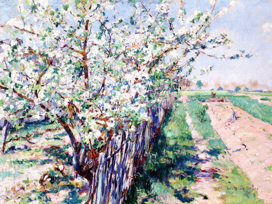 Fruit Trees in Bloom, Grez, vintage artwork by William Blair Bruce, 12x8" (A4) Poster