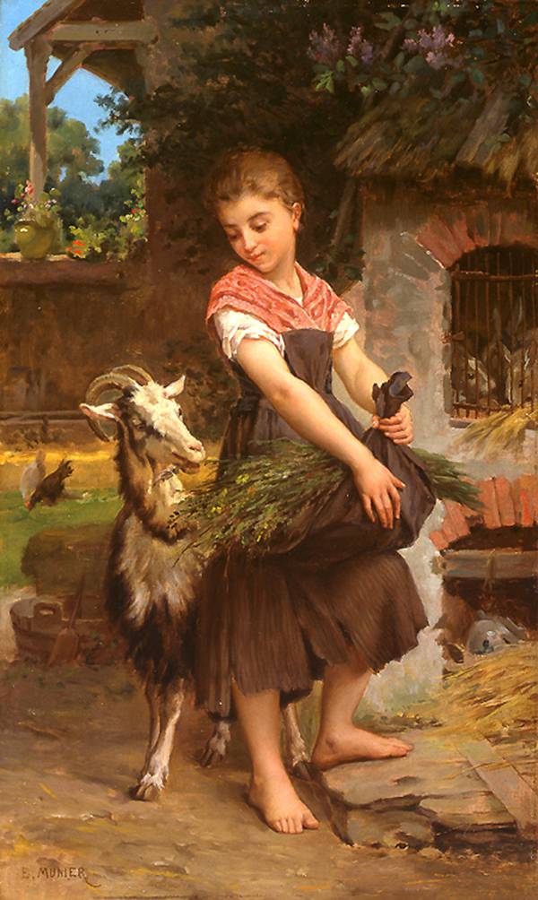 Farm Girl with her Pet Billy Goat, vintage artwork by Émile Munier, 12x8" (A4) Poster