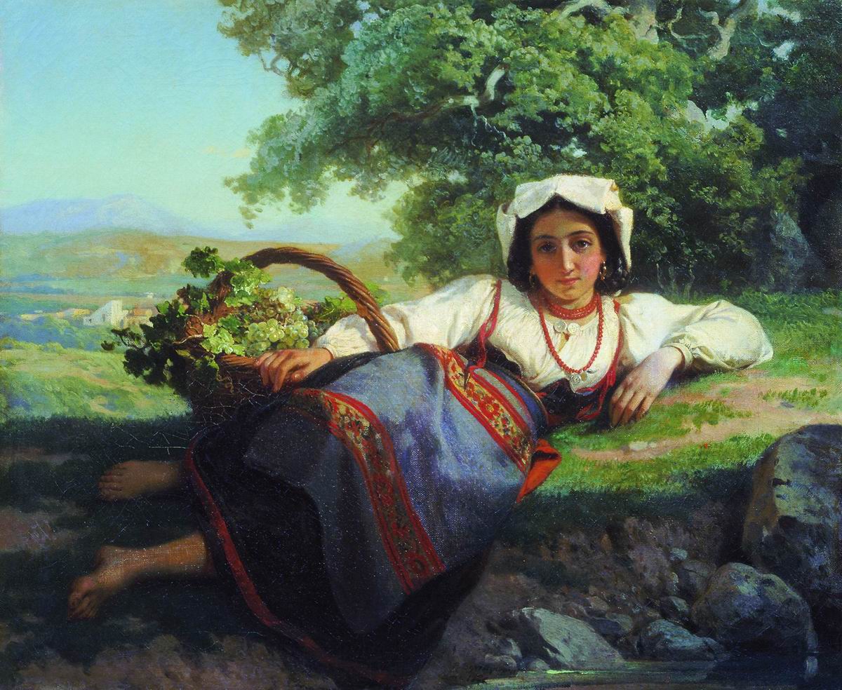 Girl with Grapes, vintage artwork by Vasily  Petrovich Vereshchagin, 12x8" (A4) Poster