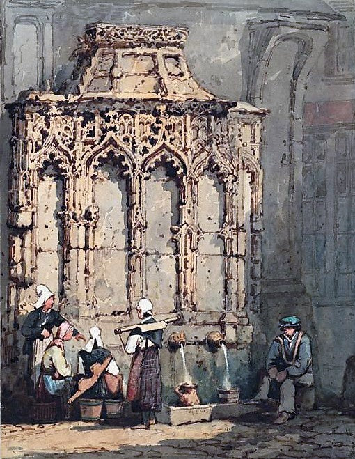 Figures at La Fontaine de la Crosse in Rouen, vintage artwork by Samuel Prout, 12x8" (A4) Poster