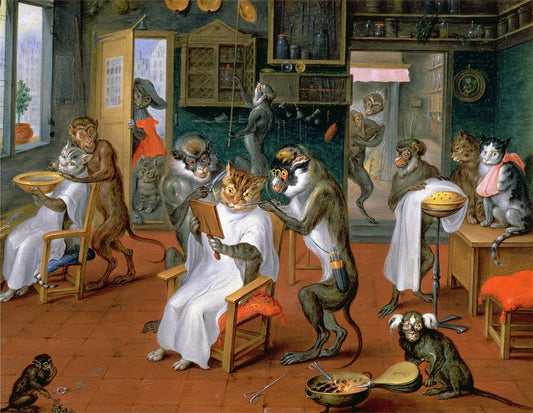 Barber's Shop with Monkeys and Cats, vintage artwork by Abraham Teniers, 12x8" (A4) Poster