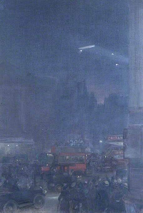 The First Zeppelin Seen from Piccadilly Circus, 8 September 1915, vintage artwork by Andrew Carrick Gow, 12x8" (A4) Poster