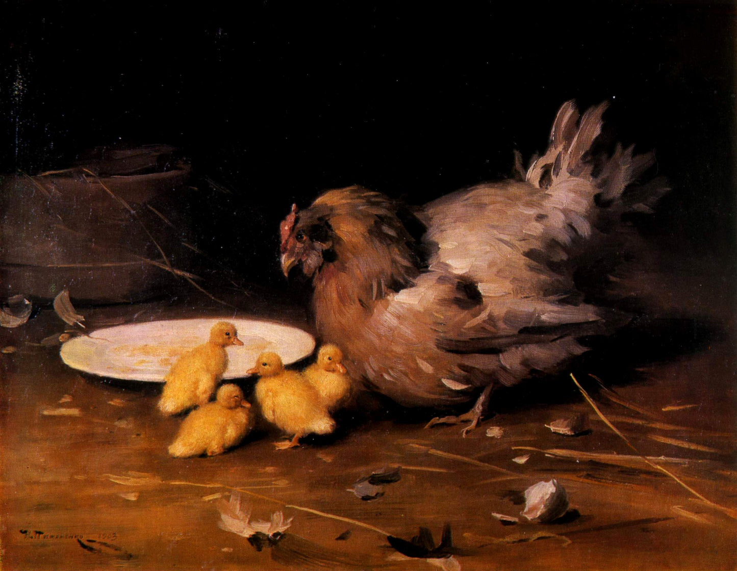 Hen with Chickens by Nikolai Pimonenko,A3(16x12")Poster