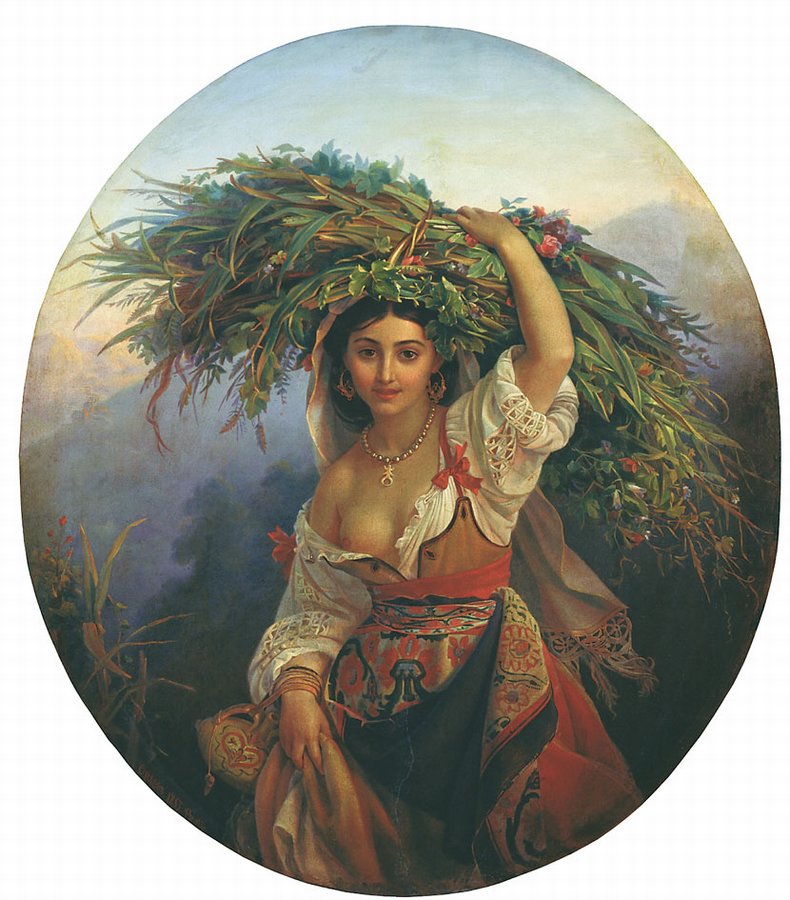 Italian Girl with Flowers, vintage artwork by Pimen Orlov, A3 (16x12") Poster Print