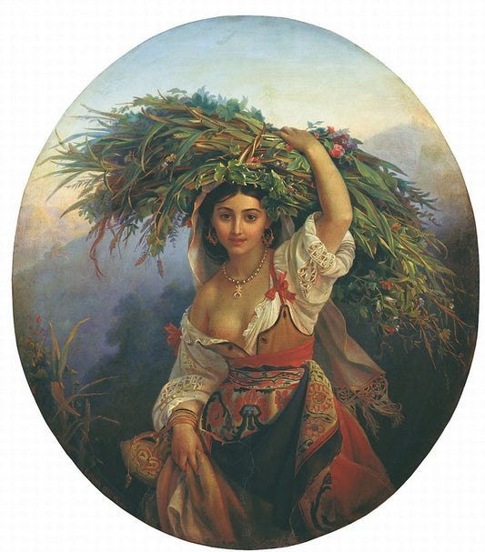Italian Girl with Flowers, vintage artwork by Pimen Orlov, A3 (16x12") Poster Print