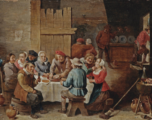 Peasants eating and drinking in an interior, vintage artwork by Abraham Teniers, 12x8" (A4) Poster