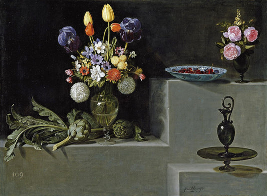 Still Life with Flowers, Artichokes and Glassware (Bodegón con alcachofas, flores y recipientes de vidrio), vintage artwork by Juan van der Hamen, 12x8" (A4) Poster