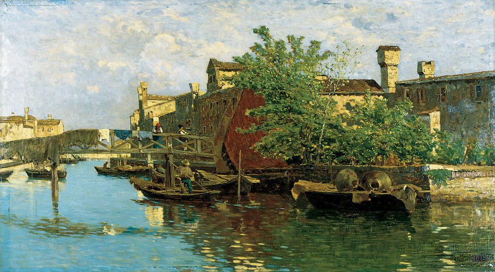 Lagoon with Fishing Boats, vintage artwork by Guglielmo Ciardi, 12x8" (A4) Poster