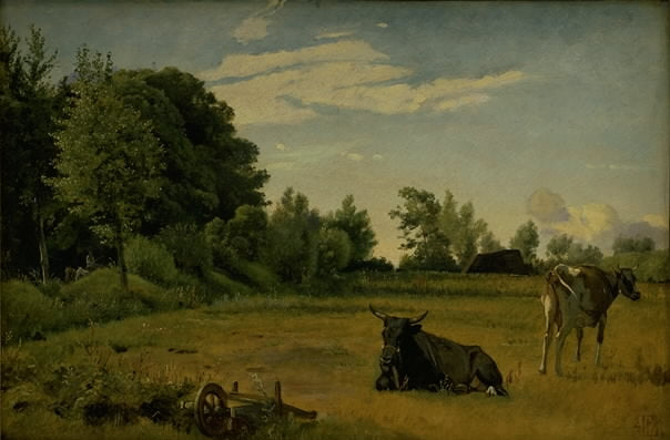 Two Cows in a Field near Vognserup Manor, Zealand, vintage artwork by Johan Thomas Lundby e, A3 (16x12") Poster Print