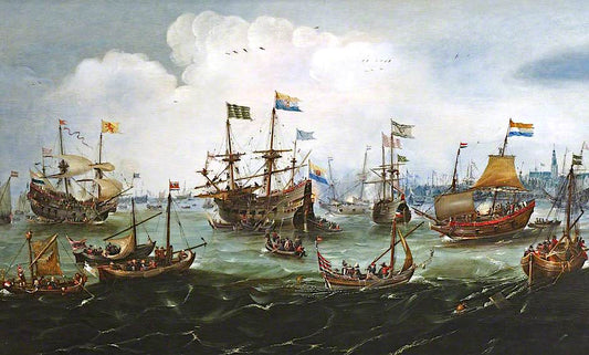 The Return to Amsterdam of the Second Expedition to the East Indies on 19 July 1599, vintage artwork by Andries van Eertvelt, 12x8" (A4) Poster