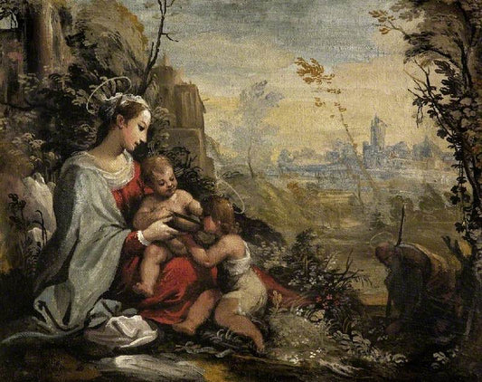 The Holy Family on the Return from the Flight Meets the Infant St John, vintage artwork by Attributed to Guercino, 12x8" (A4) Poster
